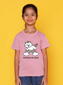 Nusyl - Girls Pink Unicorn Cat and Rainbow Printed T-Shirt