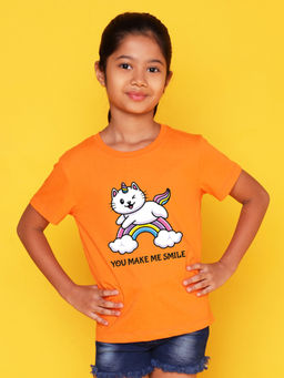 Nusyl - Girls Orange Unicorn Cat and Rainbow Printed T-Shirt
