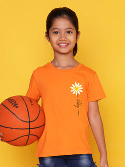 Nusyl - Girls Orange Flowers Printed T-Shirt