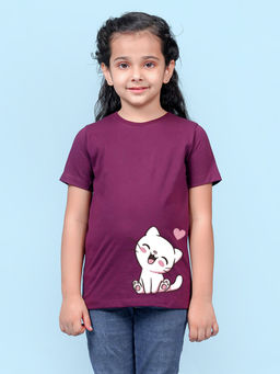 Nusyl - Girls Wine Cat Printed T-Shirt