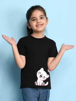 Nusyl - Girls Black Cat Printed T-Shirt