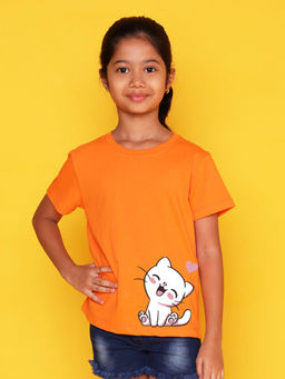 Nusyl - Girls Orange Cat Printed T-Shirt