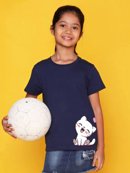 Nusyl - Girls Navy Blue Cat Printed T-Shirt