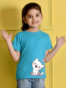 Nusyl - Girls Sky Blue Cat Printed T-Shirt