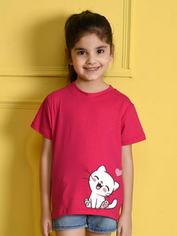Nusyl - Girls Hot Pink Cat Printed T-Shirt