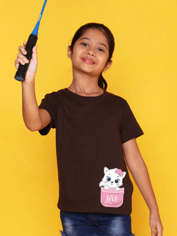 Nusyl - Girls Brown Cat and Love Printed T-Shirt