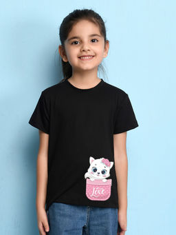 Nusyl - Girls Black Cat and Love Printed T-Shirt