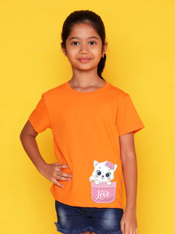 Nusyl - Girls Orange Cat and Love Printed T-Shirt