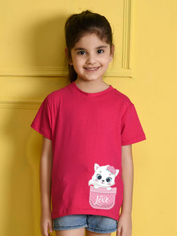 Nusyl - Girls Hot Pink Cat and Love Printed T-Shirt