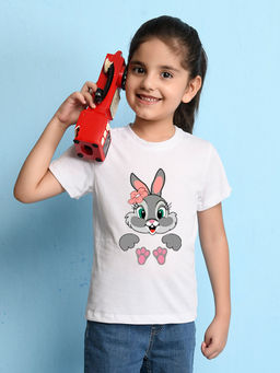 Nusyl - Girls White Rabbit Printed T-Shirt