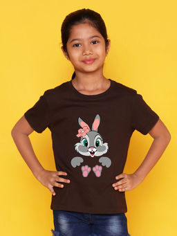 Nusyl - Girls Brown Rabbit Printed T-Shirt
