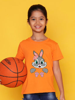 Nusyl - Girls Orange Rabbit Printed T-Shirt