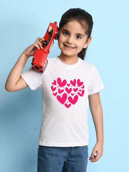 Nusyl - Girls White Heart Printed Short Sleeve T-Shirt