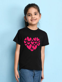 Nusyl - Girls Black Heart Printed Short Sleeve T-Shirt