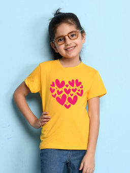 Nusyl - Girls Yellow Heart Printed Short Sleeve T-Shirt