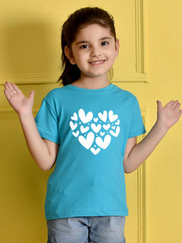 Nusyl - Girls Sky Blue Heart 2 Printed Short Sleeve T-Shirt