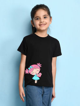 Nusyl - Girls Black Girls and Heart Printed Cotton Regular Fit T-Shirt
