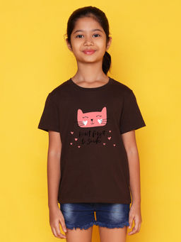 Nusyl - Girls Brown Cat Face Printed Cotton Regular Fit T-Shirt