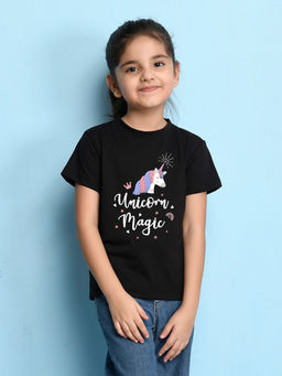 Nusyl - Girls Black Horse Printed Cotton Regular Fit T-Shirt