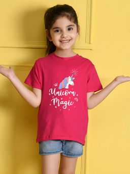 Nusyl - Girls Hot Pink Horse Printed Cotton Regular Fit T-Shirt