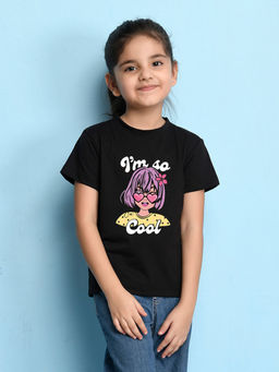 Nusyl - Girls Black Girls Printed Cotton Regular Fit T-Shirt