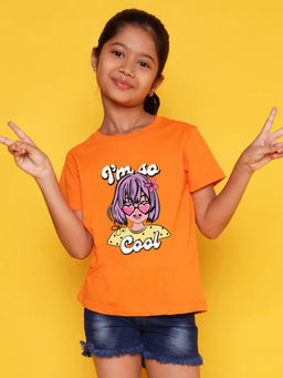 Nusyl - Girls Orange Girls Printed Cotton Regular Fit T-Shirt