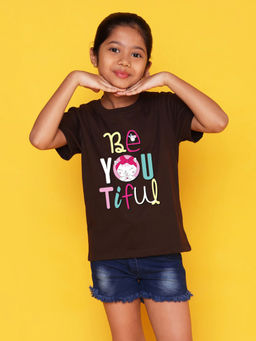 Nusyl - Girls Brown Text Printed Cotton Regular Fit T-Shirt