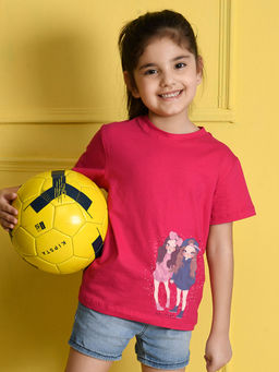 Nusyl - Girls Hot Pink Two Girls Printed Cotton Regular Fit T-Shirt