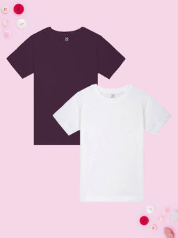 Nusyl - Girls White and Wine Solid T-Shirts (Pack of 2)