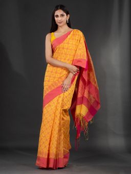 CHARUKRITI - Yellow Handspun Cotton Hand Woven Soft Saree with Floral Design with Unstitched Blouse