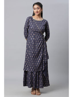 Aurelia - Navy Blue Foil Printed Angrakha Jumpsuit
