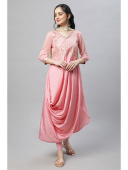 Aurelia - Pink Festive Drape Kurta with Leggings and Dupatta (Set of 3)