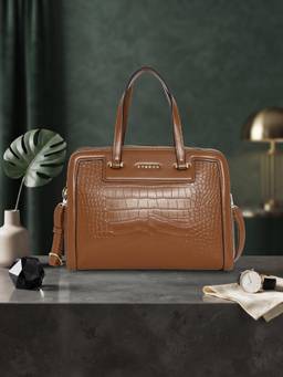 ESBEDA - Tan Color Luxe Alligator-Style Satchel Bag With Detachable Strap (L)
