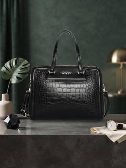 ESBEDA - Black Color Luxe Alligator-Style Satchel Bag With Detachable Strap (L)