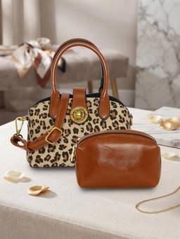 ESBEDA - Tan Color Snow Leopard Handbag With Detachable Strap & Pouch