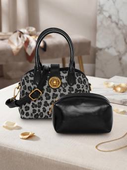 ESBEDA - Black Color Snow Leopard Handbag With Detachable Strap & Pouch