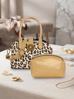 ESBEDA - Beige Color Snow Leopard Handbag With Detachable Strap & Pouch
