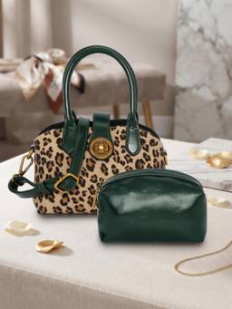 ESBEDA - Green Color Snow Leopard Handbag With Detachable Strap & Pouch