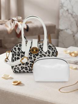 ESBEDA - White Color Snow Leopard Handbag With Detachable Strap & Pouch