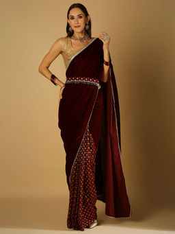 MONK & MEI - Sultana-Saree With Stitched Blouse And Belt- Maroon