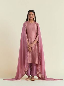 Ikshita Choudhary - Dusty Rose Gold Kurta with Pant and Dupatta (Set of 3)