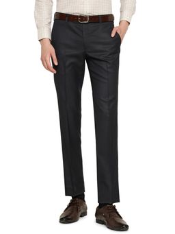 JB Studio - Men Navy Blue Terry Rayon Slim Fit Textured Formal Trouser