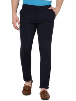 JadeBlue - Men Solid Navy Blue Cotton Stretch Casual Trouser