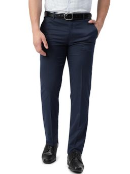 Greenfibre - Men Blue Terry Rayon Slim Fit Textured Formal Trouser