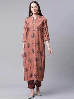 AMIRAS - Womens Printed Embroidered Straight Kurta Pant Set Rust Red (Set of 2)