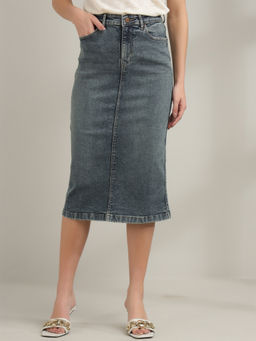 Xpose - Women Light Navy Blue High-Rise Denim Pencil Midi Skirt
