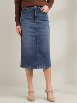 Xpose - Women Blue High-Rise Denim Pencil Midi Skirt