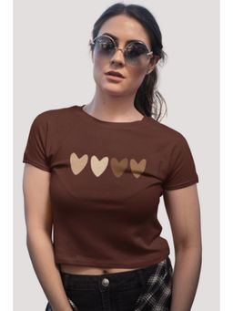 Botnia - Brown Crew Neck Cotton Heart's Printed Crop Top