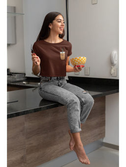 Botnia - Brown Crew Neck Cotton Iced Coffee Printed Crop Top