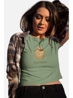 Botnia - Pastel Green Crew Neck Cotton Pugtato Printed Crop Top